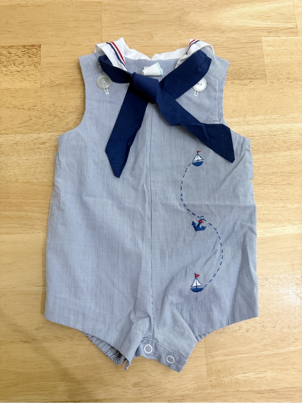Vintage Nautical Sailor Embroidered Ship Anchor Romper Outfit Baby 6-9 months